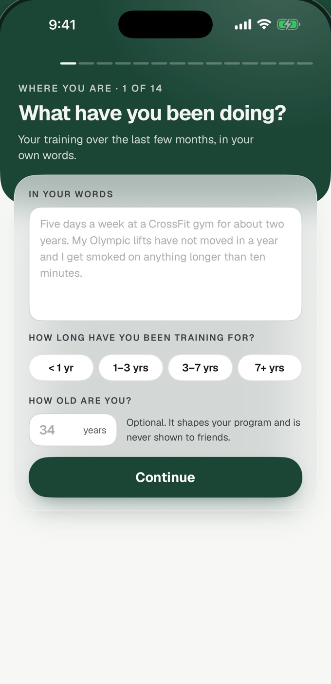 The first intake question in Adaptive, What have you been doing?, answered in the athlete's own words.