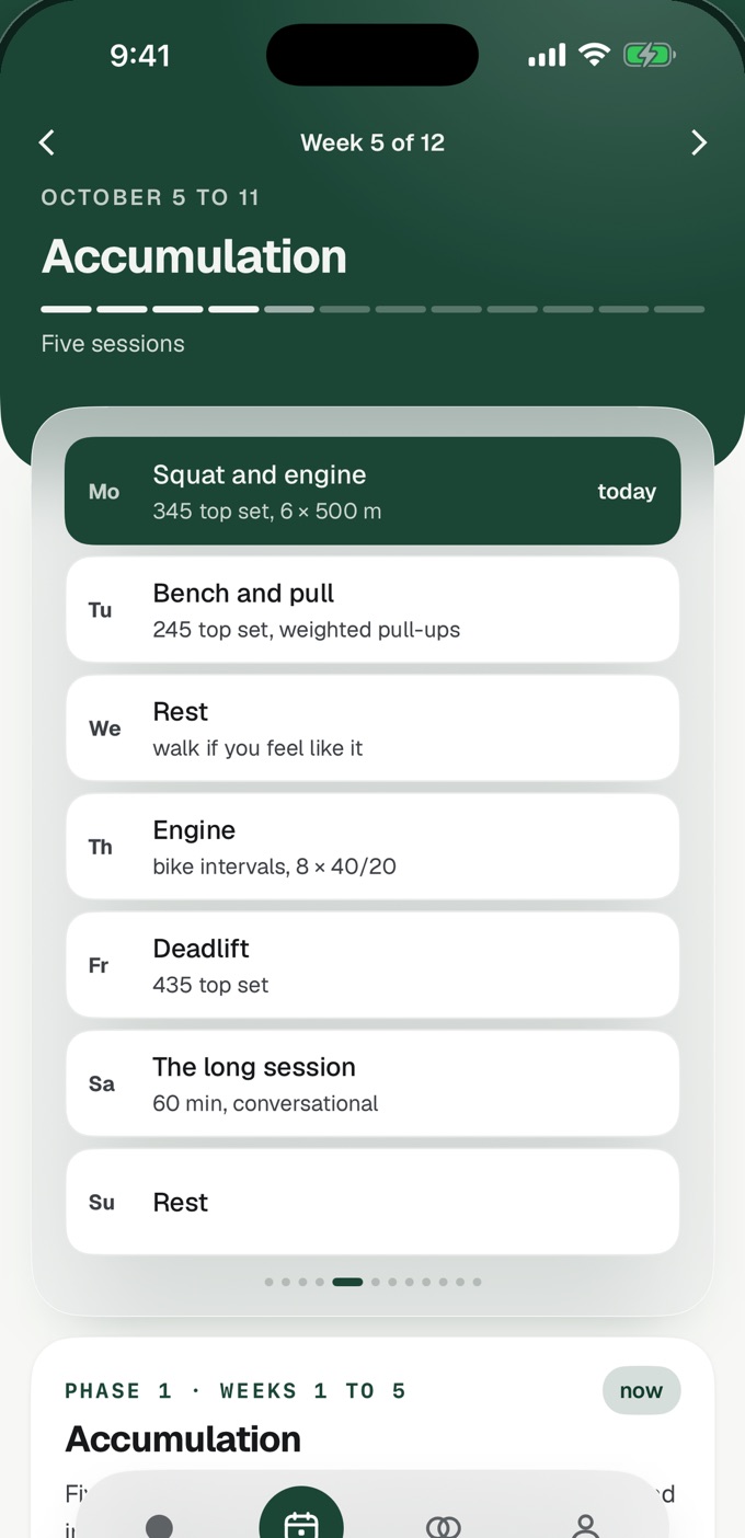 The Program tab in Adaptive: week 5 of 12, Accumulation, with five sessions laid out from Monday to Sunday.
