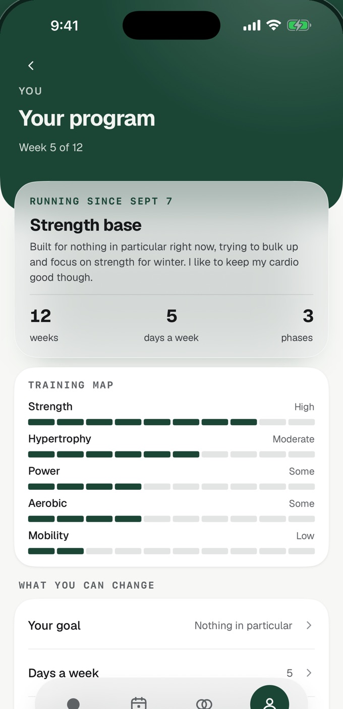 Your program in Adaptive: a twelve week strength base, five days a week in three phases, with a training map from strength to mobility.